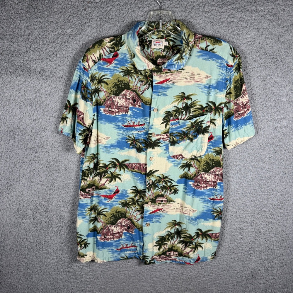 Faherty Mens Hawaiian Scenic Print Rayon Short Sleeve Camp Shirt Blue Outdoors S